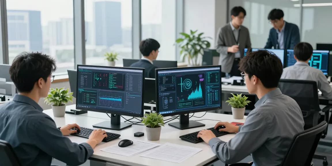 Team monitoring shs-dome5.com security systems in a bright office.