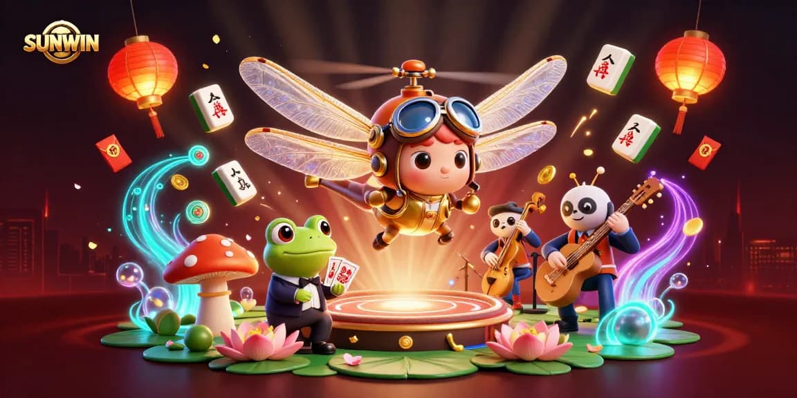 SUNWIN showcases an exciting dragonfly pilot and frog croupier dealing cards in a vibrant casino scene, enhancing gaming thrills.
