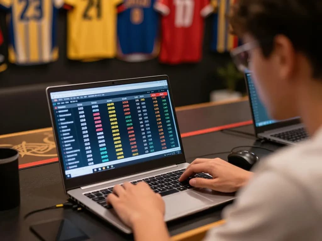 Engaging in sports betting with TG777, reviewing statistics on laptop for optimal wagering