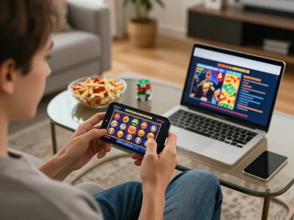 Engaging online casinos Canada gameplay on a smartphone in a cozy home setting.