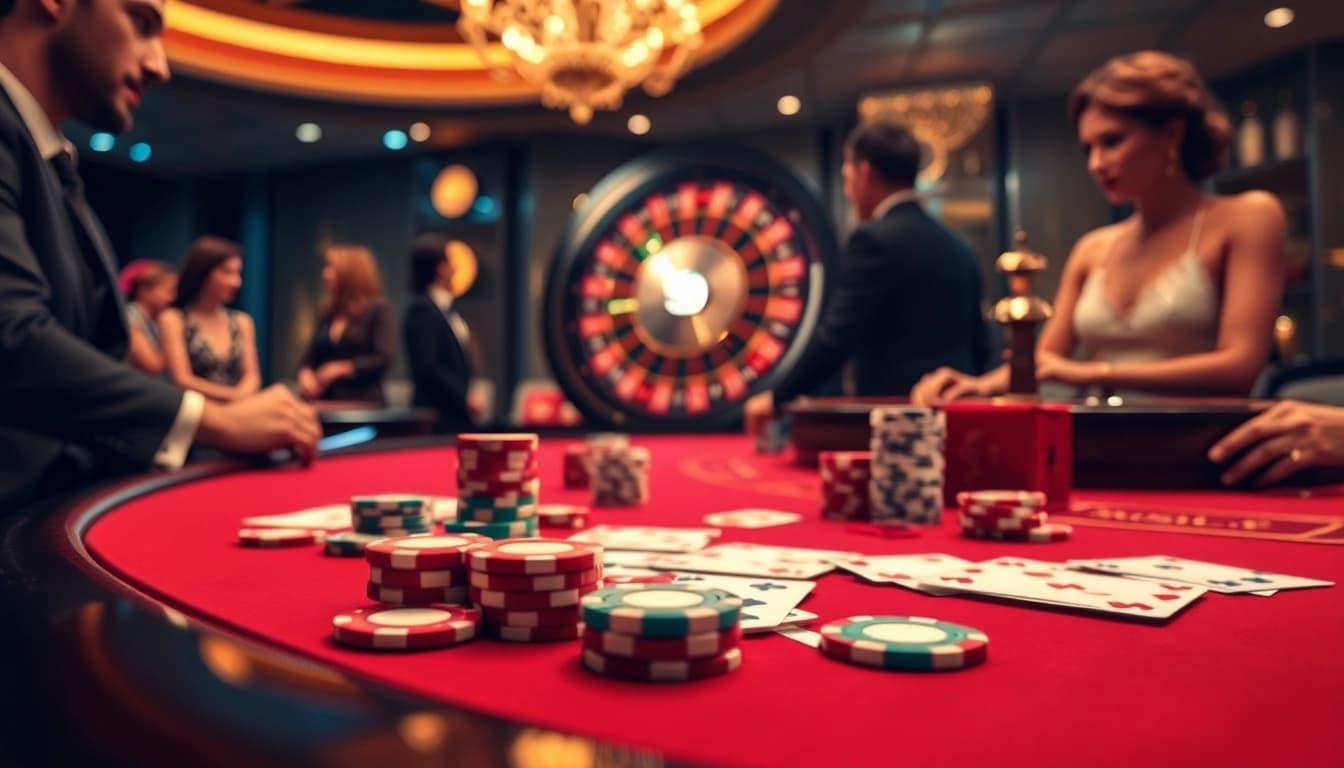 Engage in high-stakes poker at S8 casino with vibrant chips and a spinning roulette wheel.