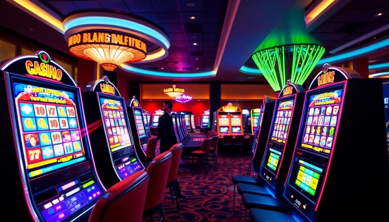 Engaging scene of Online slots Uk with neon-lit slot machines and a vibrant casino atmosphere.