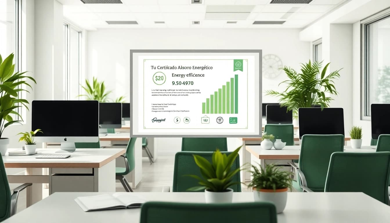 Certificado Ahorro Energético en entorno de oficina moderno y eficiente.