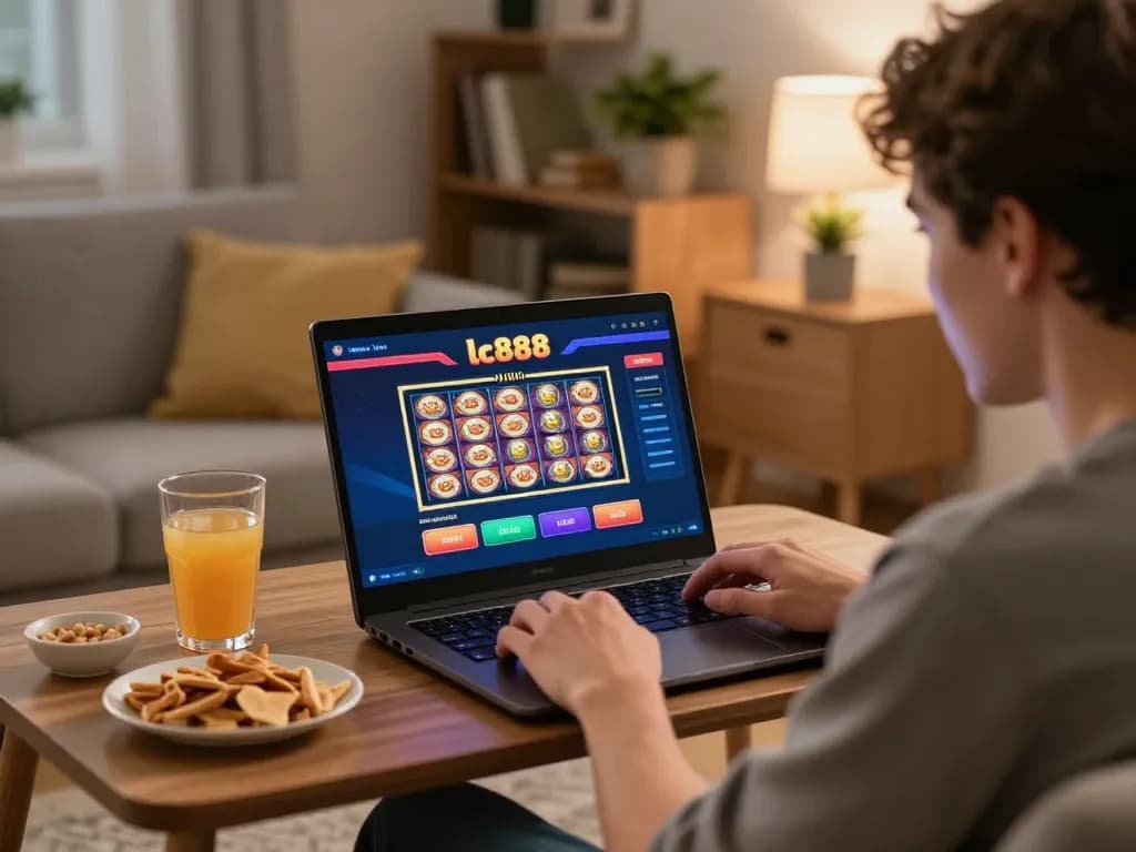 Playing lc888 slots on a laptop in a cozy home setup with snacks and drinks