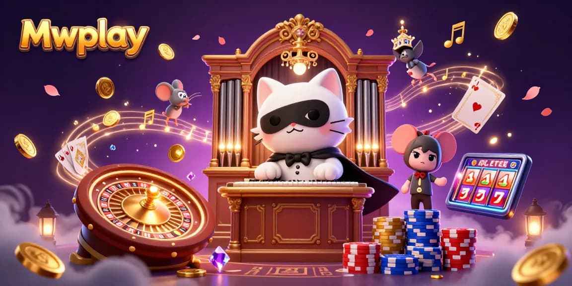 Experience thrilling gaming at Mwplay with a dazzling casino scene featuring a masked cat and acrobat.