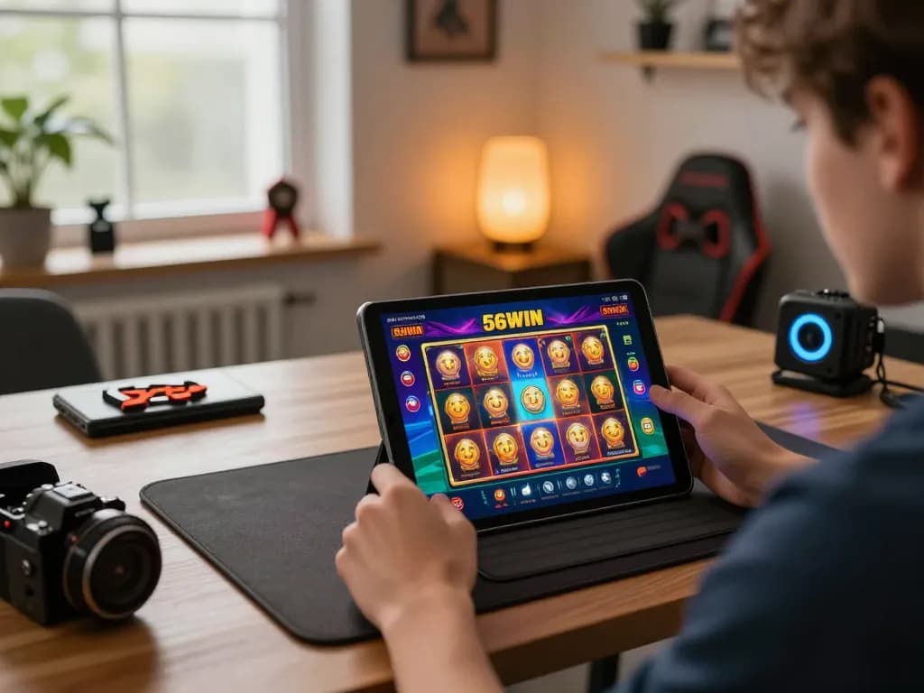 Playing the 56WIN casino app on a tablet in a cozy home office setup