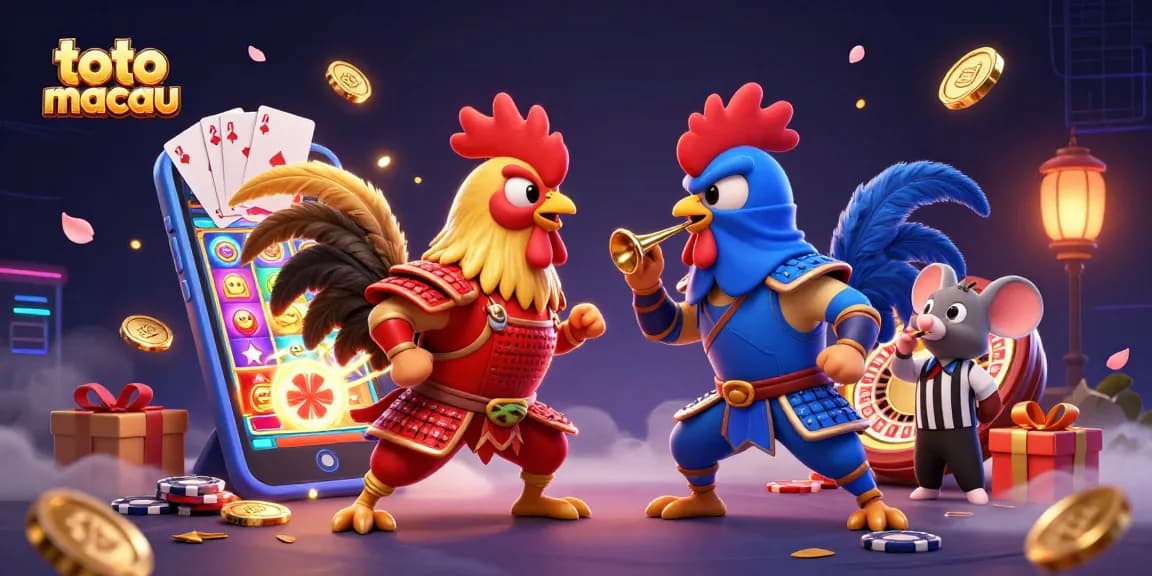 Experience the thrill with toto macau gaming featuring animated roosters, dynamic slot games, and exciting casino elements.