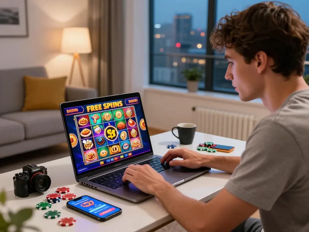 Free No Deposit Casinos: Engaging online gaming scene with vibrant graphics and casino elements
