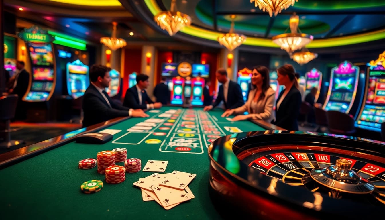 Experience the excitement of thabet gambling with a luxurious casino scene featuring poker tables and roulette wheels.