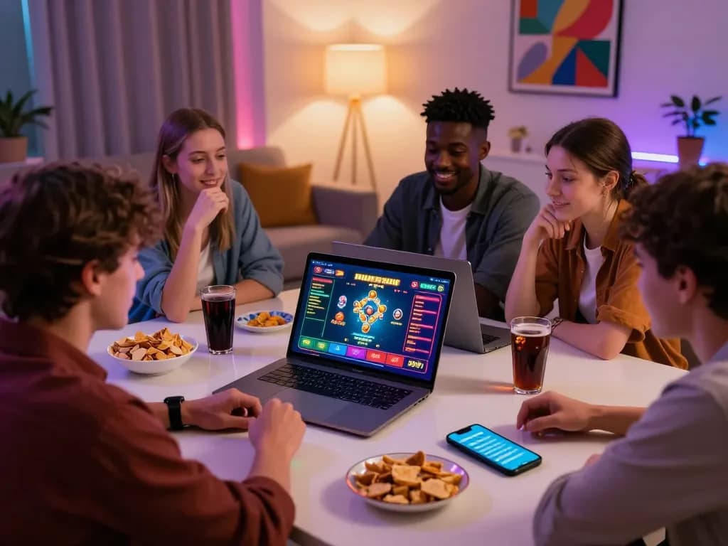 Friends enjoying lively gaming night on 399W platform in a vibrant room.