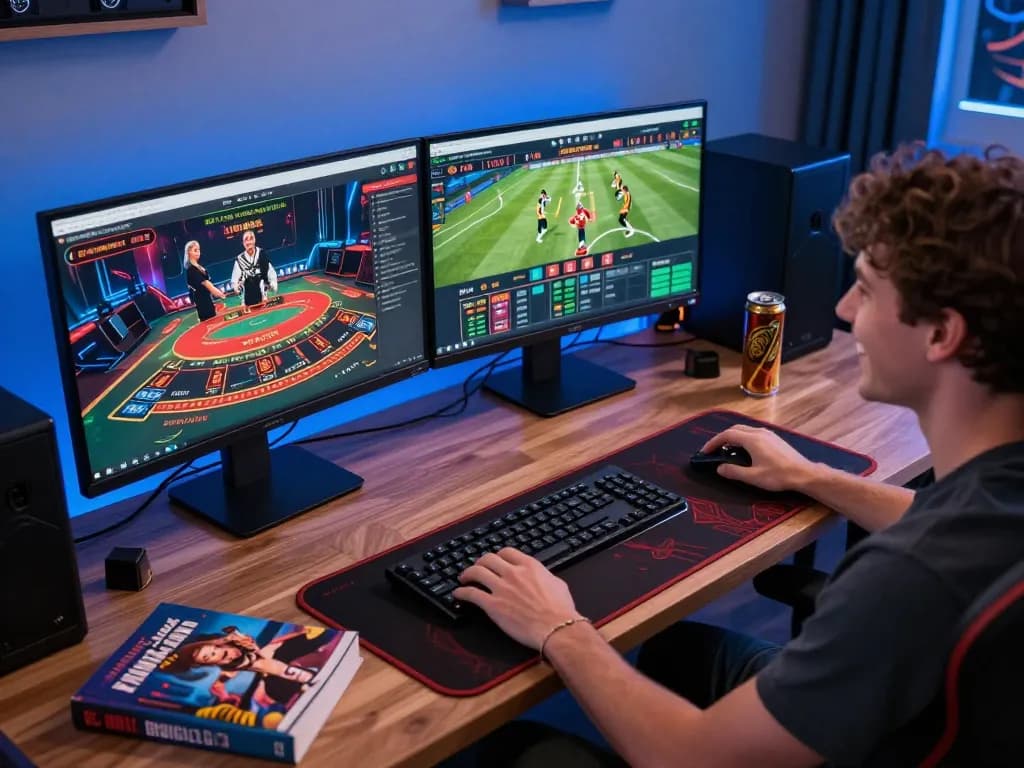 Engaging online gambling scene with a person betting on 88vv live games from home.