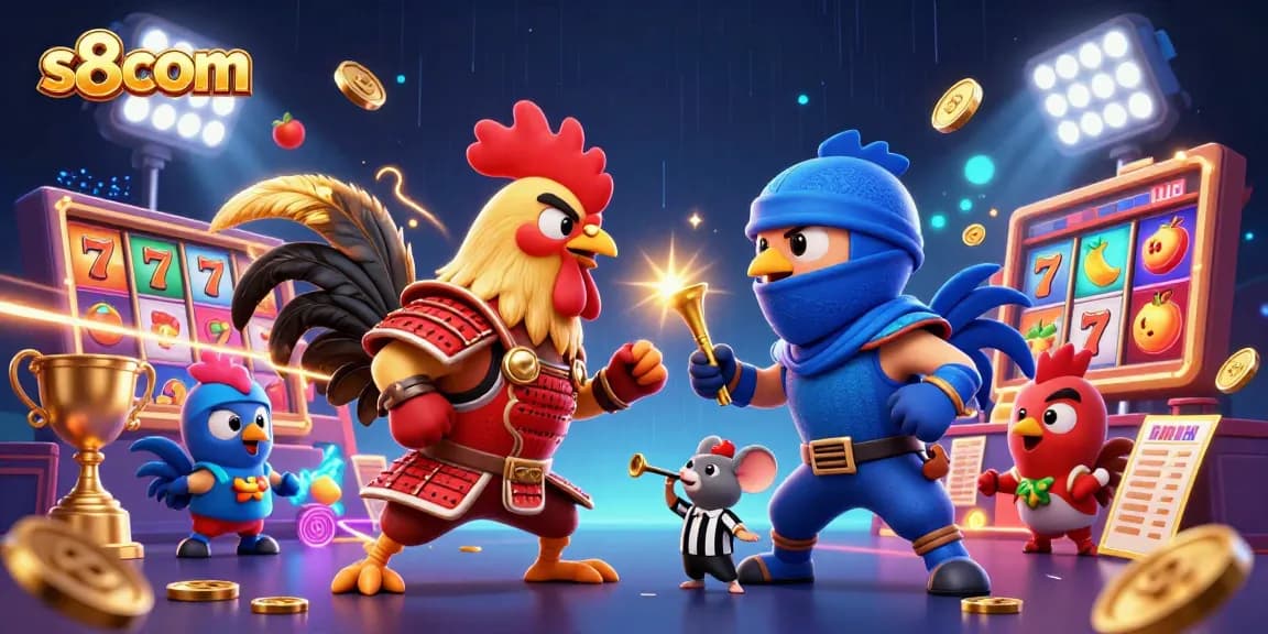 Witness the action at s8com with cartoon fighting roosters battling in a vibrant casino scene.