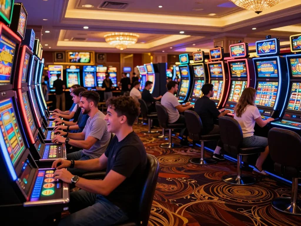 Players enjoying slot deposit 2rb at a vibrant casino, surrounded by colorful machines and lively atmosphere.
