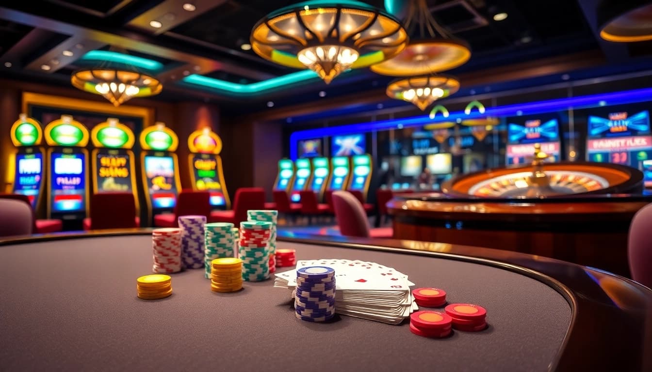 Experience the thrill at kim88 with vibrant casino visuals showcasing poker tables and slot machines.