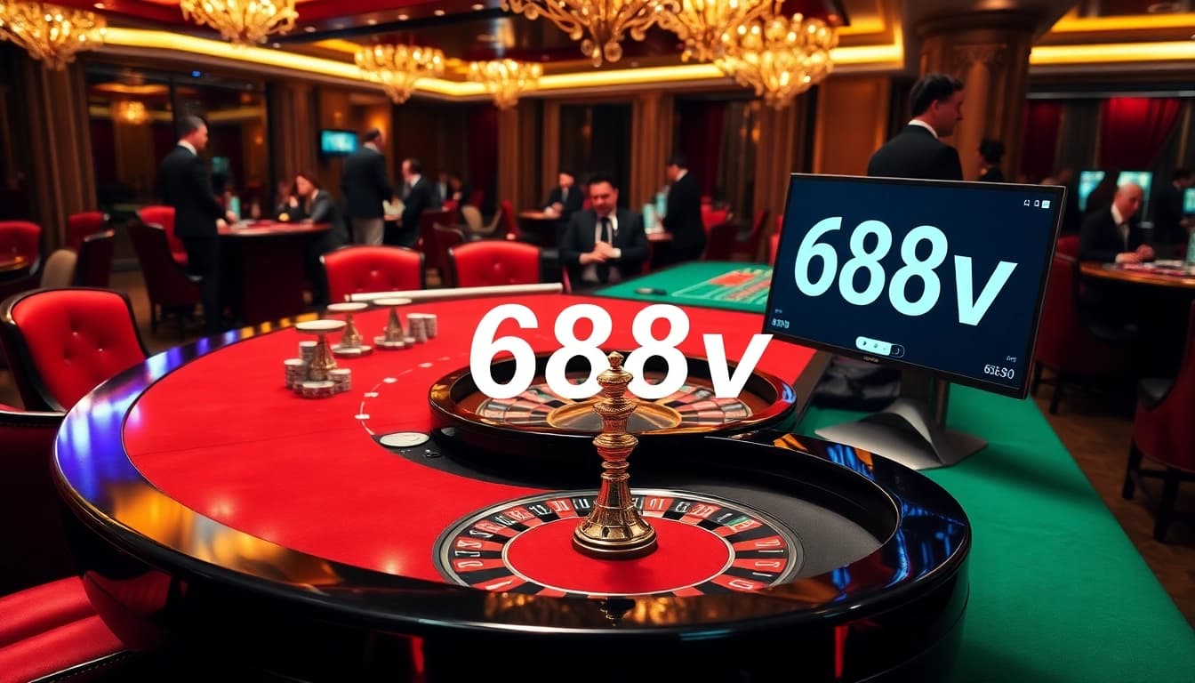 Engage with thrilling casino action at 688v, showcasing poker chips and an elegant roulette table.