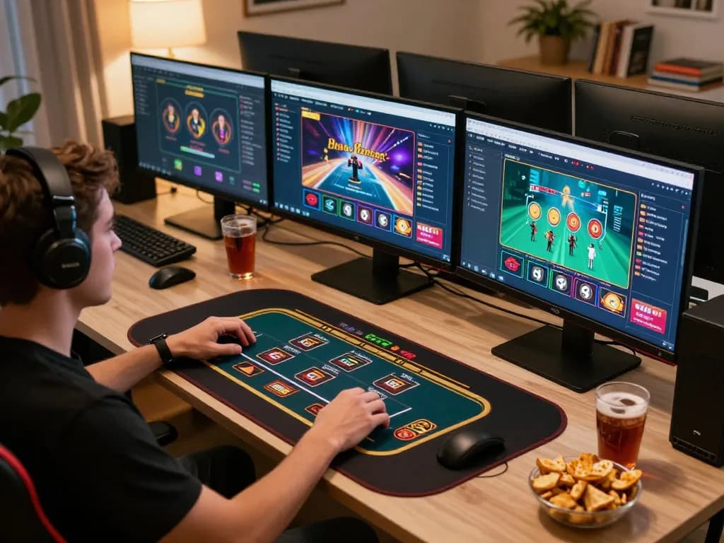 Player engaging in SC88 online casino game on multiple screens in a cozy home setup