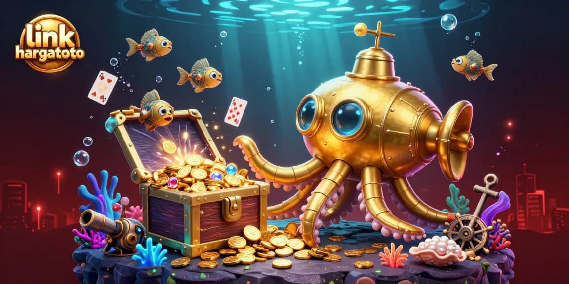 Engage with link hargatoto featuring a dynamic underwater scene filled with gold, colorful gems, and animated casino elements.
