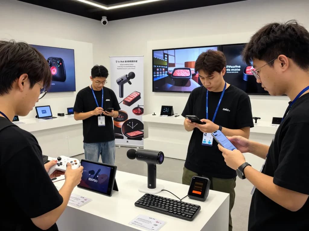Exploring the latest tech gadgets 2103 in a modern showroom with interactive displays and enthusiastic users.