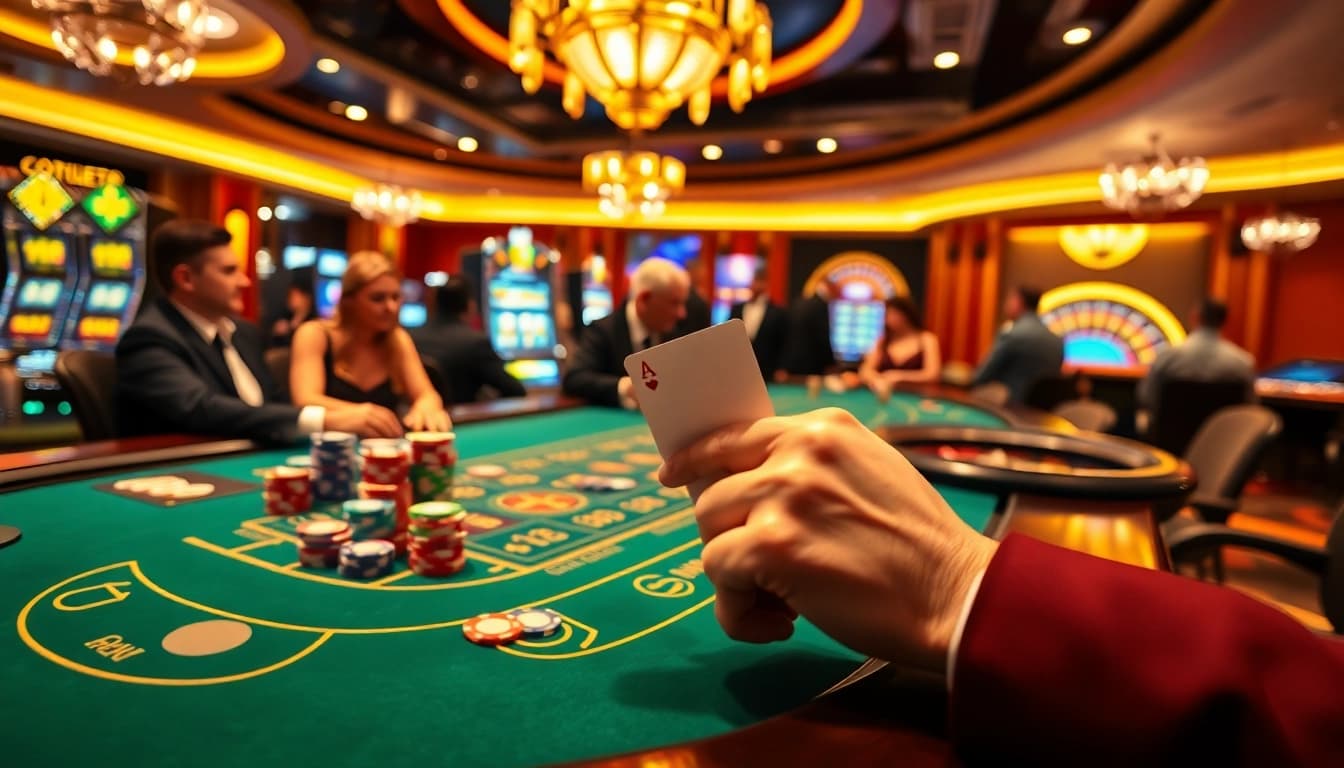 sbobet link alternatif betting slip with casino tables and players in action
