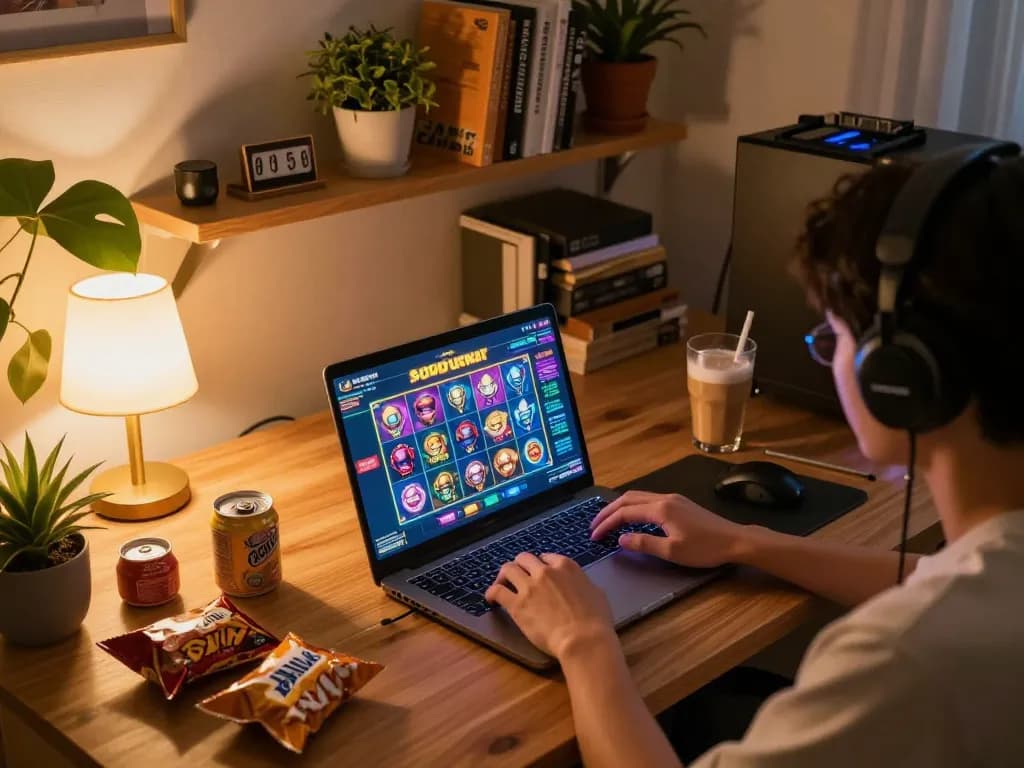 Engage in winning strategy with link slot gacor displayed on the laptop screen, cozy gaming setup
