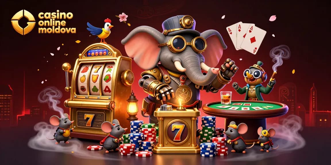 Joacă sloturi captivante pe casino online moldova cu un elefant mecanic și o mașină de păcănele aurie.