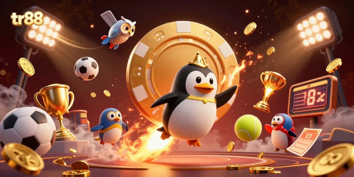 Experience the thrill of tr88 with a golden penguin soaring towards a casino, surrounded by dynamic sports elements.