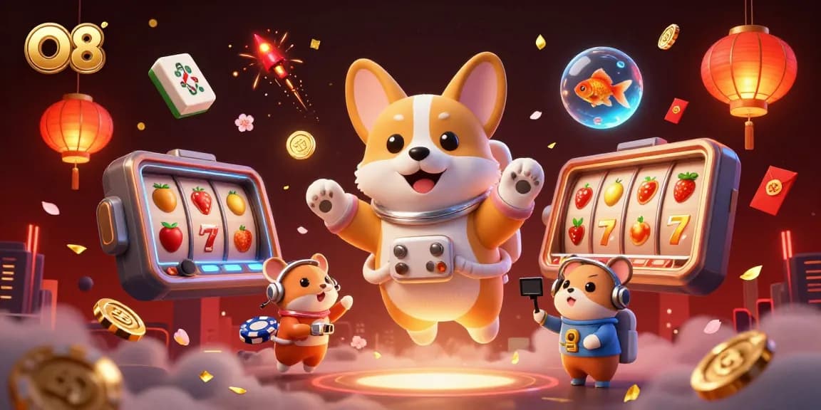 Experience thrilling gaming at O8 with an astronaut corgi amid vibrant casino elements.