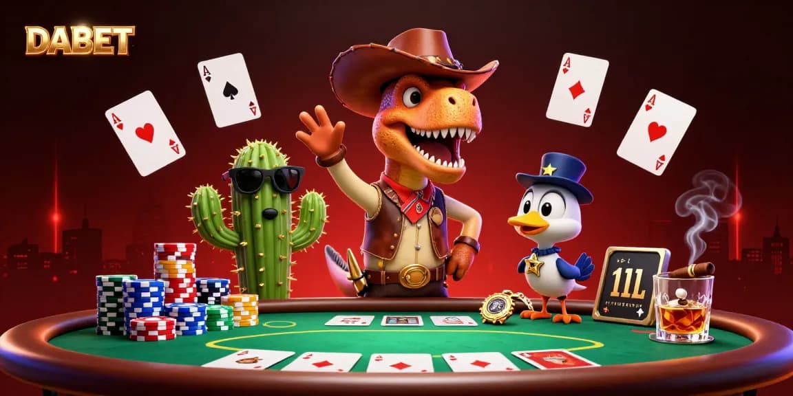 DABET poker scene with a cowboy dinosaur, cactus, and roadrunner, showcasing vibrant casino action.