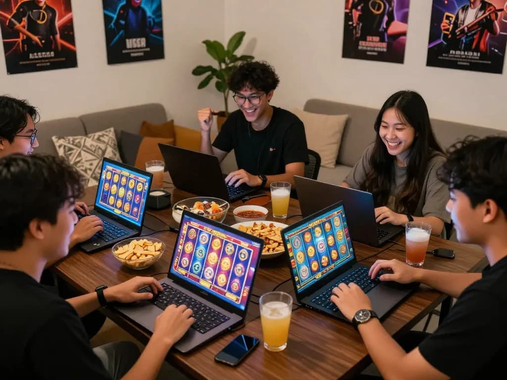 Sesi permainan yang mengasyikkan dengan teman-teman bermain slot gacor hari ini di laptop dan smartphone di ruang tamu yang nyaman.