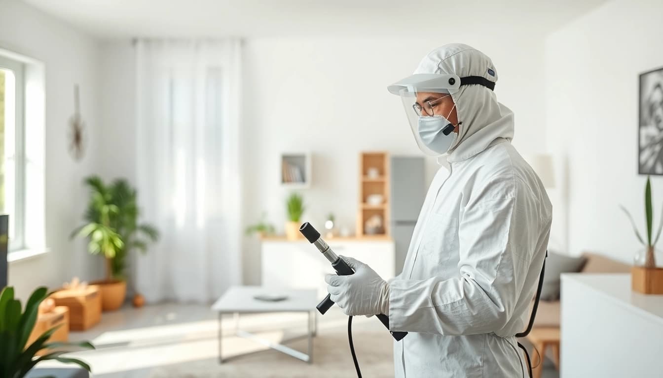 Deratizare eficientă în Sibiu: Tehnician profesionist în controlul dăunătorilor la lucru într-o casă curată.