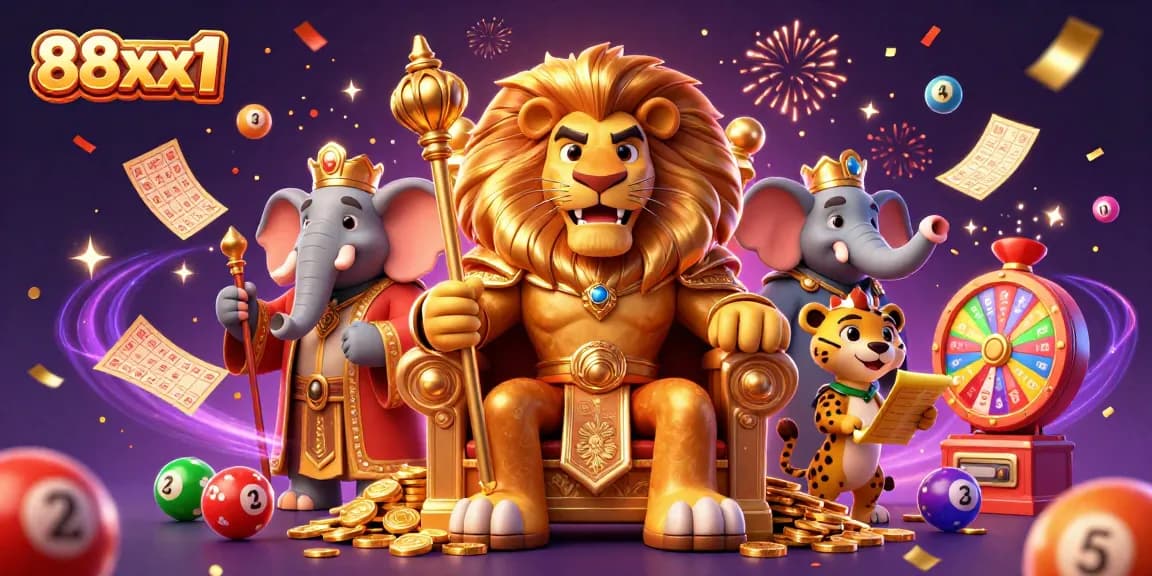 Engage with thrilling games at 88xx1, featuring a lion king, elephant advisor, and cheetah with dynamic gambling elements.