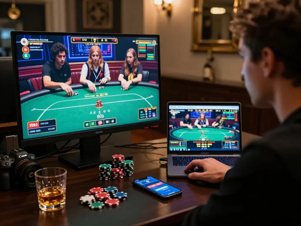 Engaging online gambling at home with sun win poker gameplay, showcasing a focused player and vibrant graphics.