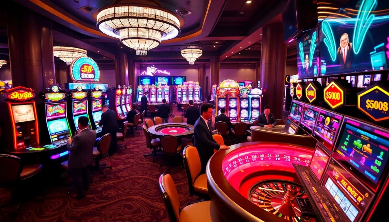 Engage in exciting gameplay at SKY88's luxurious casino, featuring vibrant slot machines and professional dealers.