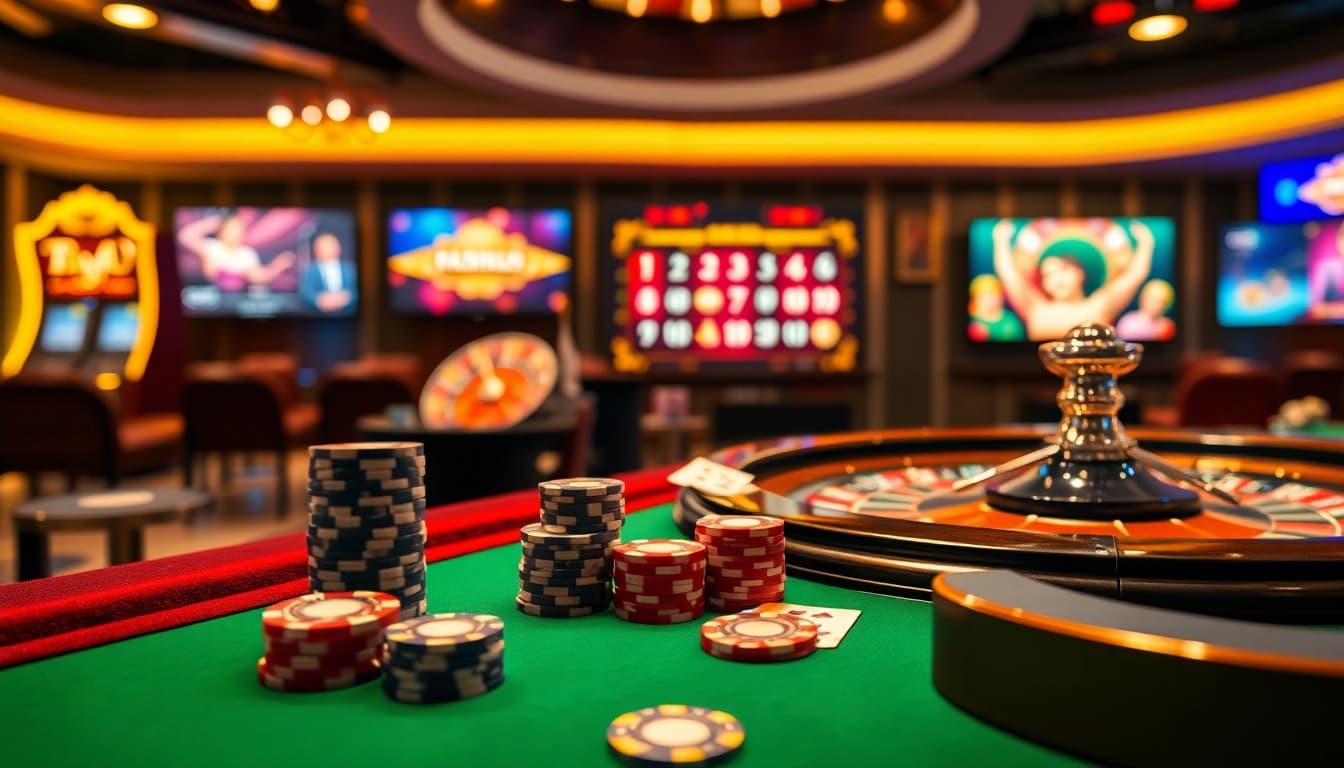 Scène engageante de casino en ligne avec des jetons de poker et des cartes, mettant en avant le frisson du jeu en ligne.