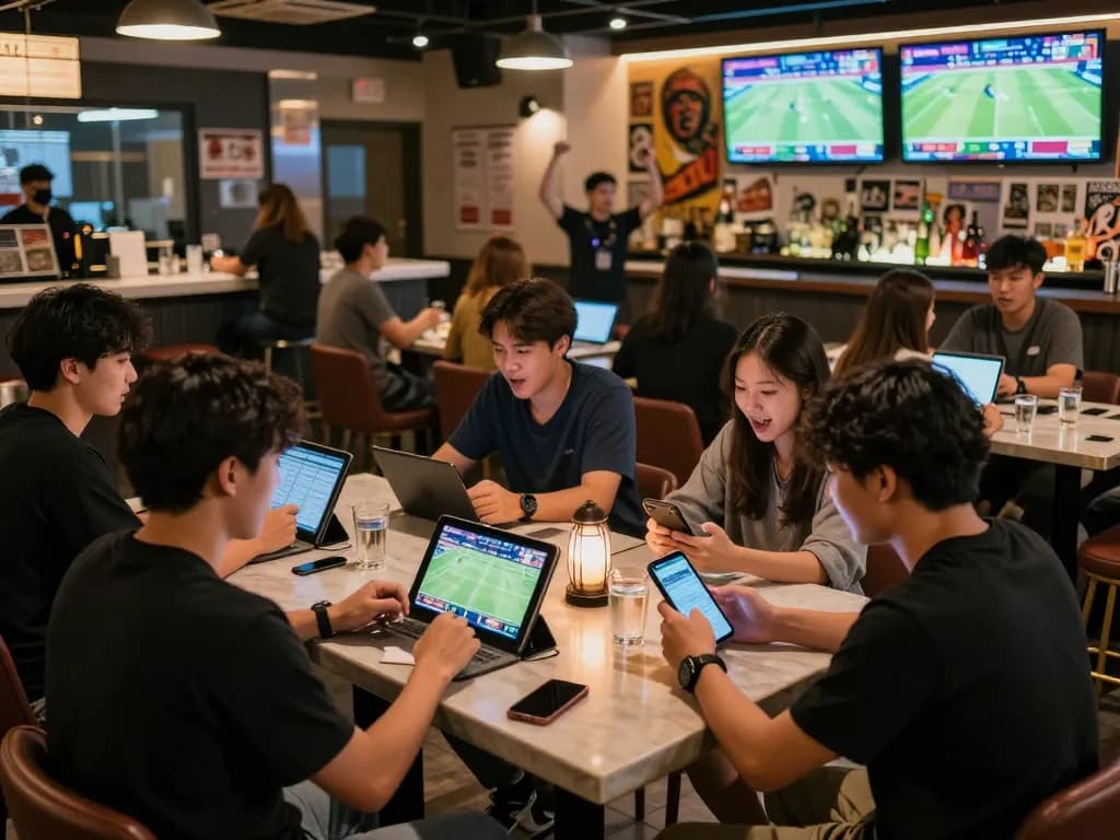 Enjoying sports betting excitement at NHÀ CÁI XO88 with friends, analyzing odds and making bets.