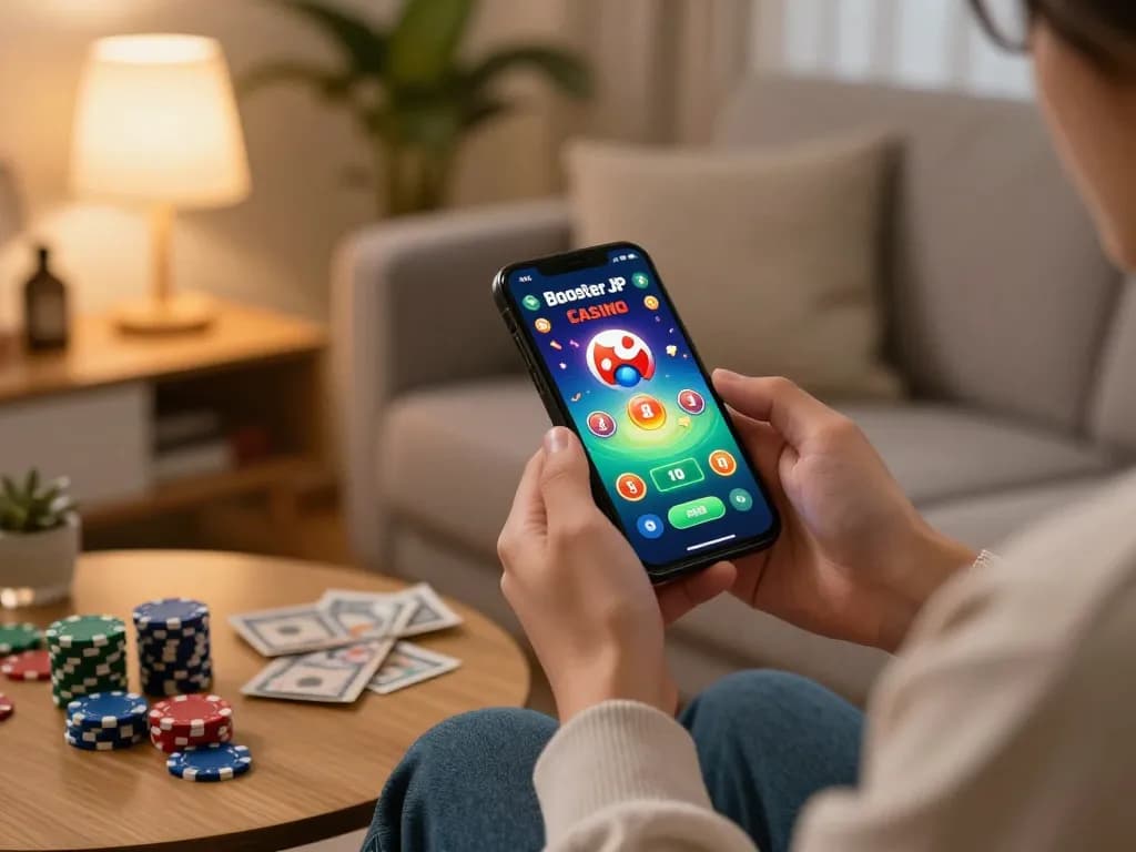 Engaging player using the Booster JP app for mobile gambling with cash and chips available