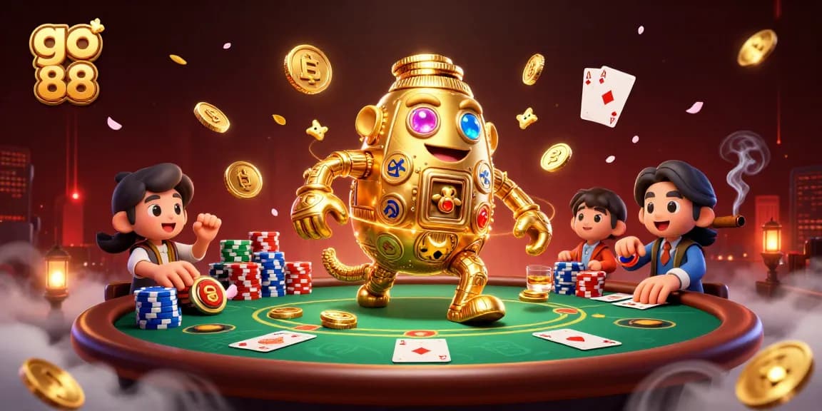Bet on go 88 with the dynamic poker scene featuring a golden golem and vibrant chip stacks