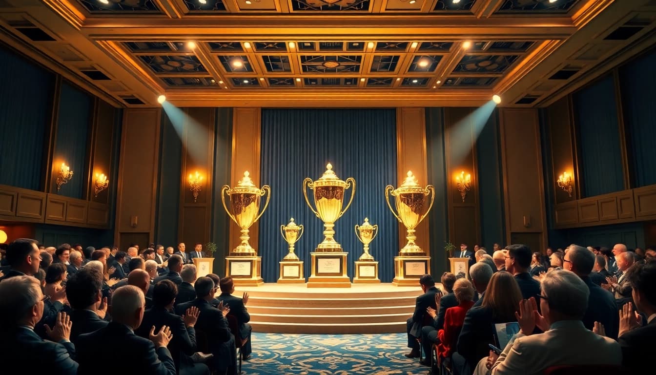Awards ceremony showcasing prestigious trophies on stage from https://www.awards.info/ to honor remarkable achievements.