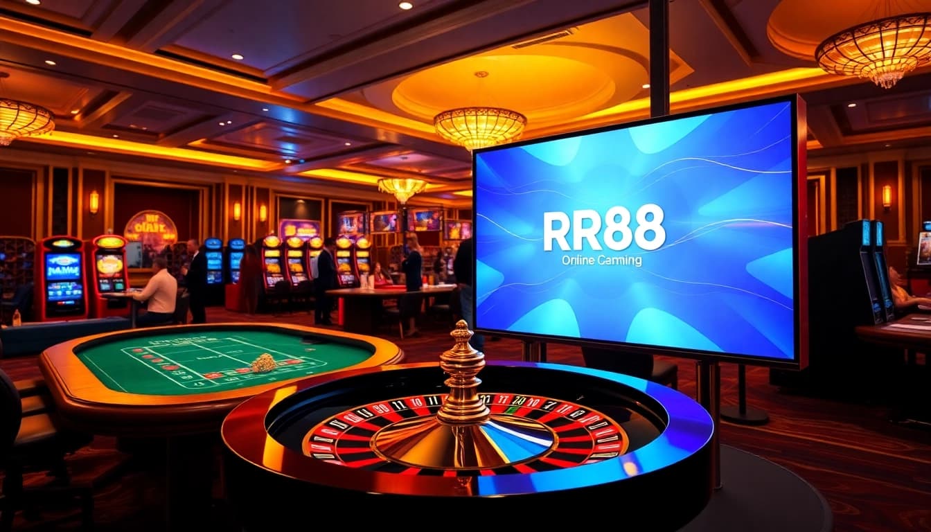 Experience luxury gaming at https://rr88ez.com/ showcasing vibrant slot machines and an engaging roulette wheel.
