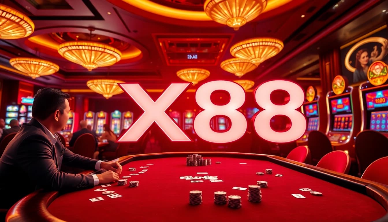 Professional gamblers at a poker table with xx88 branding, capturing the excitement of casino gaming.