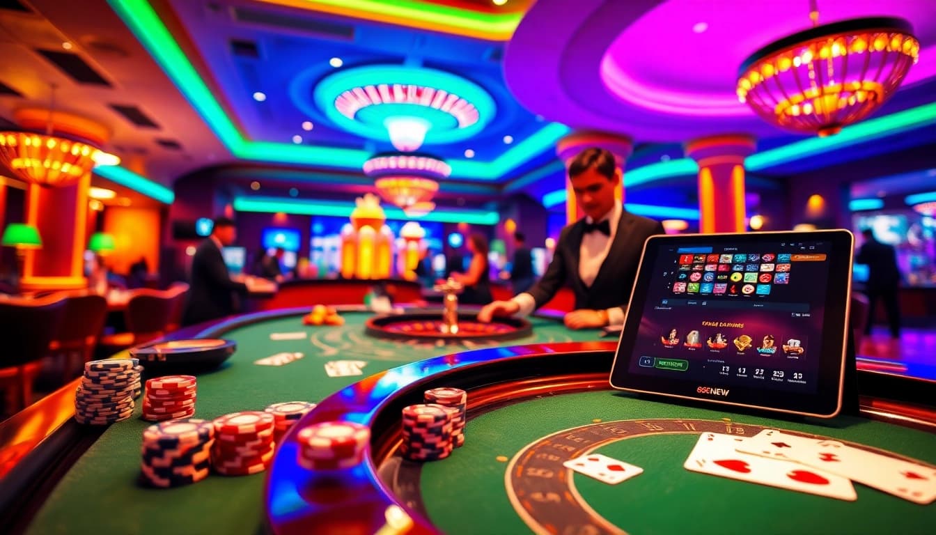 Engage with the thrilling atmosphere of 888NEW’s casino experience, featuring vibrant poker chips and professional dealers.