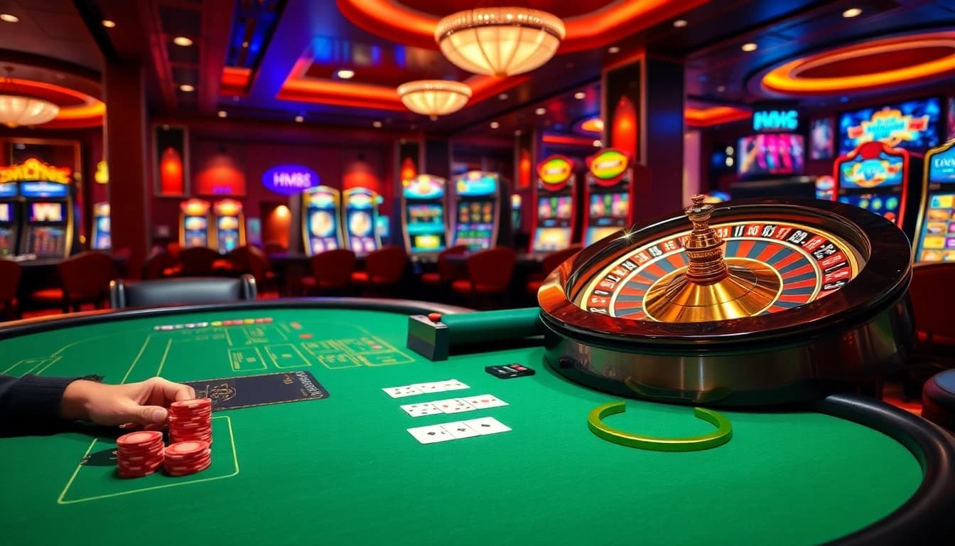 Exciting casino scene showcasing hm88 poker chips and cards on a vibrant table.