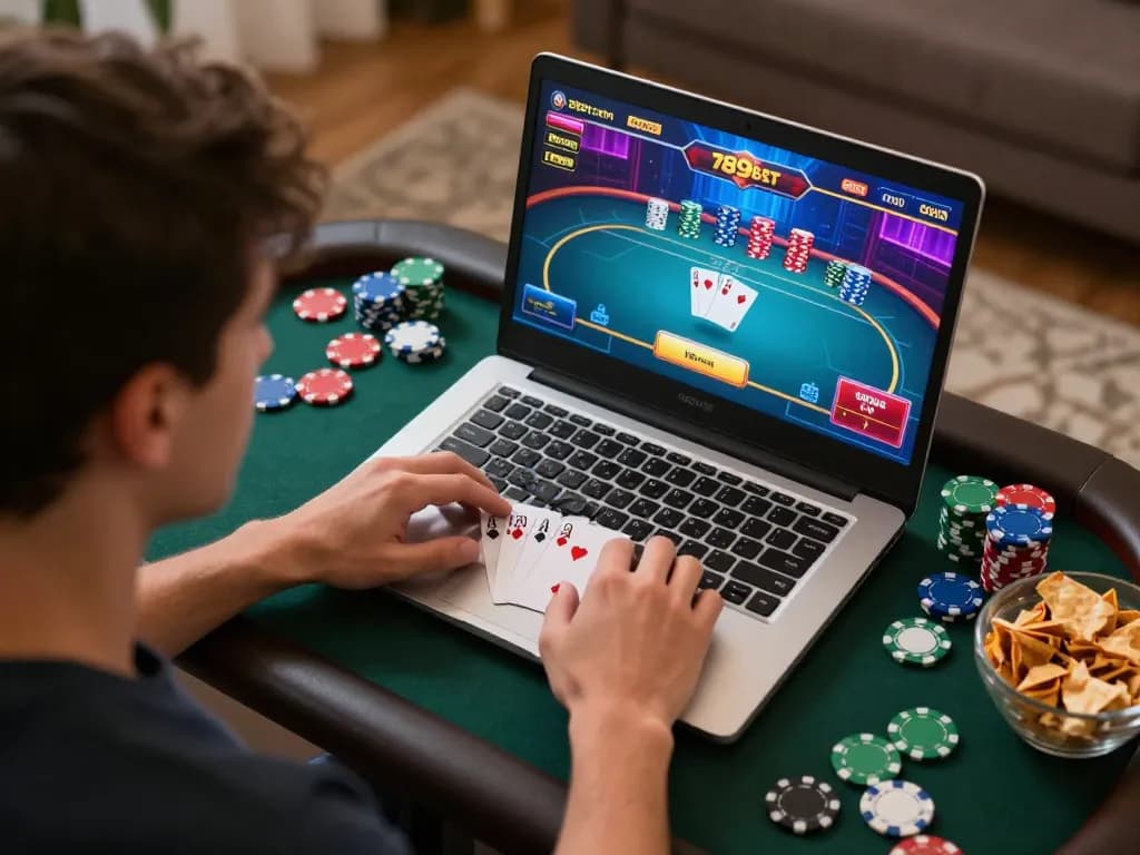 A player engaging in a poker game on 789bet com, showcasing a vibrant online casino atmosphere with colorful chips and snacks.