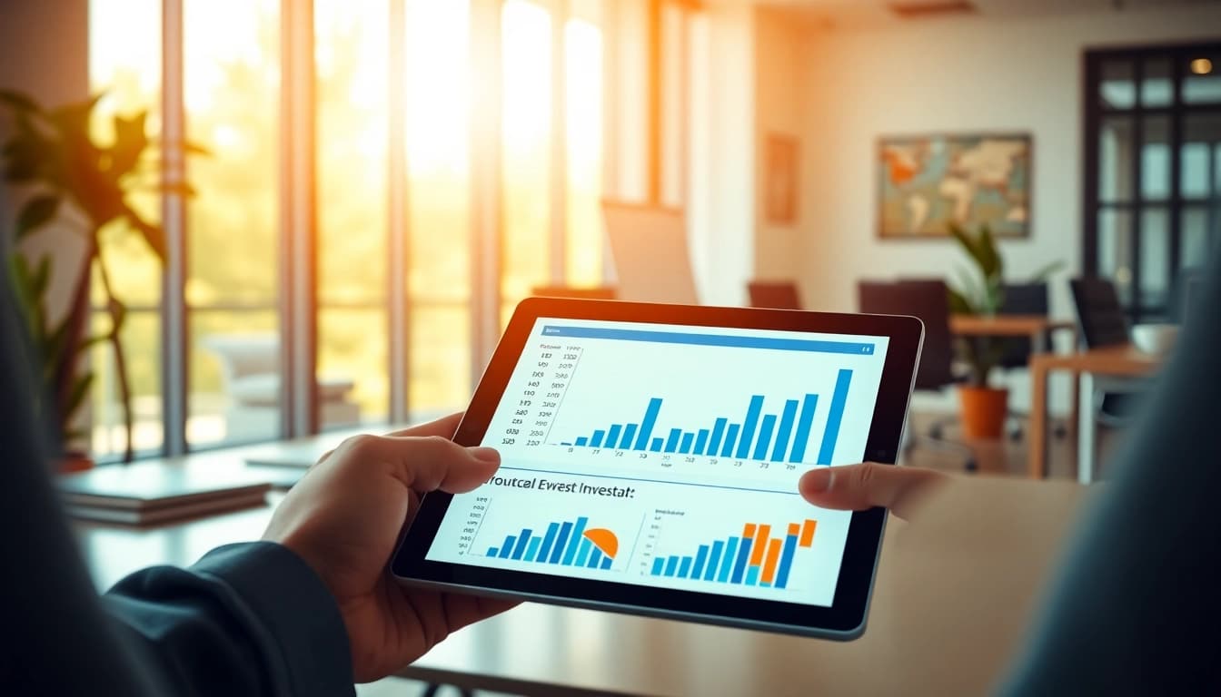 Analyze real estate projects with insightful graphs and charts in a modern office environment.