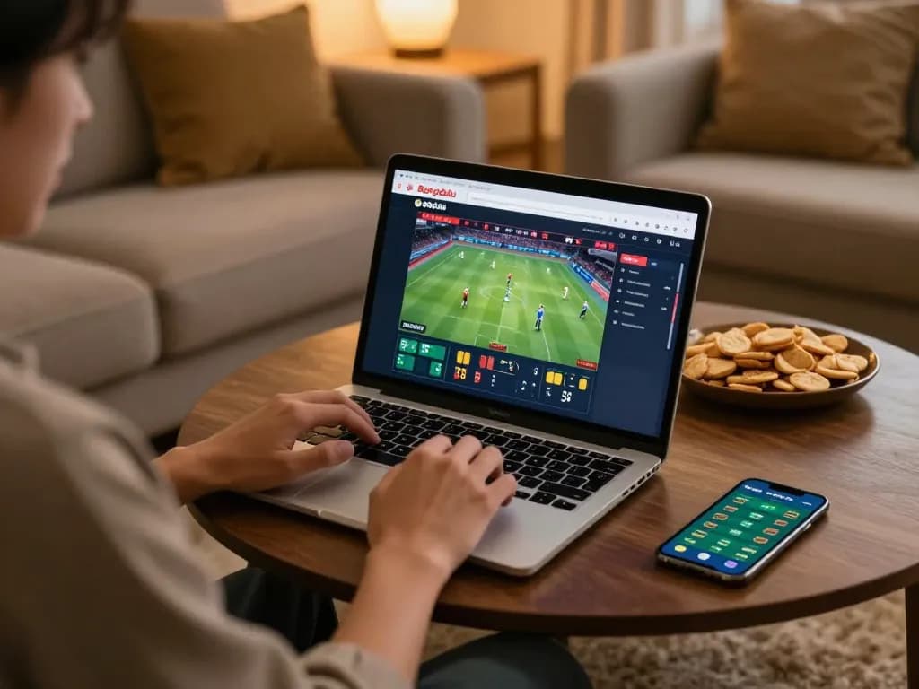 Placing bets on the Bongdalu website from a cozy home setup for engaging sports betting.