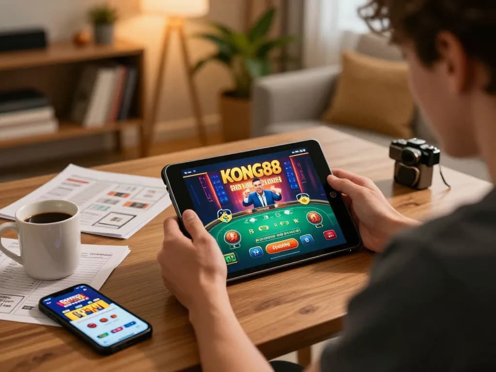 KONG88 player enjoying online casino gameplay with tablet, warm home setting, strategic ambiance.
