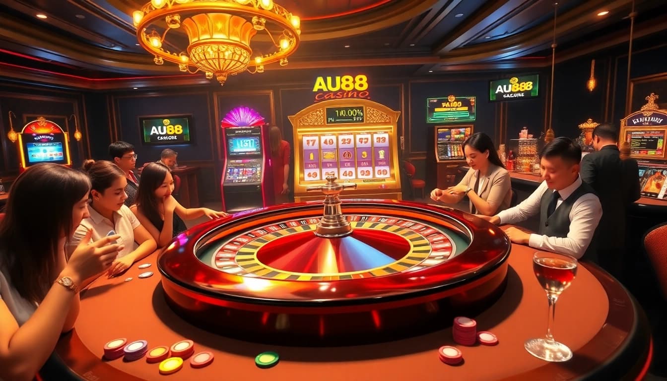 Experience the thrill of gambling at au88 with vibrant casino scenes featuring roulette and slot machines.