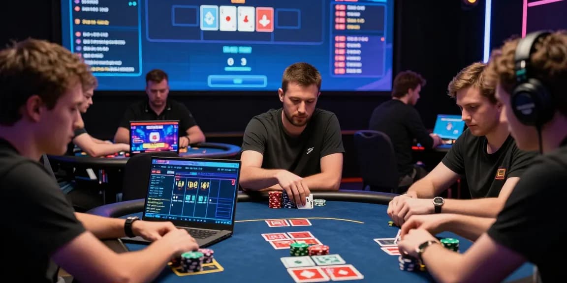 온라인홀덤 게임 중인 플레이어들이 집중하는 모습, 다채로운 인터페이스와 카드가 화면에 나타나는 환경.