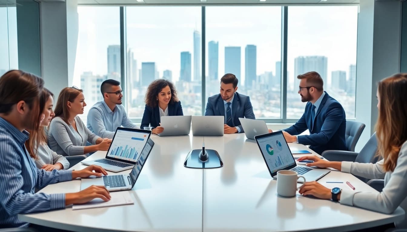 Collaborative professionals discussing invoice processing software in a modern office setting.