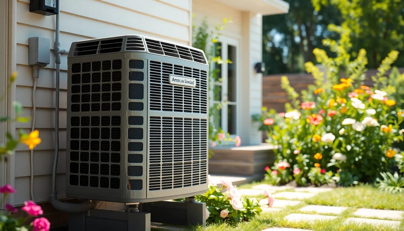 Showcasing an American Standard air conditioner in a beautifully landscaped garden environment.
